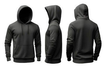 blank black hoodie sweater mockup, front view, back view, side view 