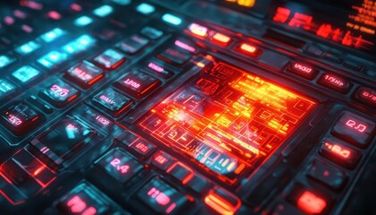 Obraz premium Calculator with holographic display, cool tones, high detail, futuristic style, digital art