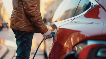 Obraz premium A man in a brown leather jacket plugs a charging cable into a red electric car, symbolizing the transition to sustainable transportation, future of mobility, technological advancement, environmental c