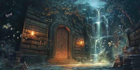 Fototapeta premium Enchanted forest library with waterfall and glowing butterflies.
