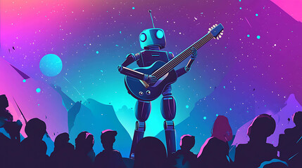 Naklejka premium A robot plays guitar on stage in front of a crowd of people. The background is a bright, colorful landscape of mountains, a planet, and stars.