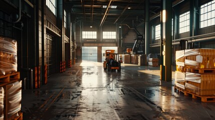 A forklift maneuvering through a spacious warehouse, reflecting the industrial aesthetics and ample natural light.