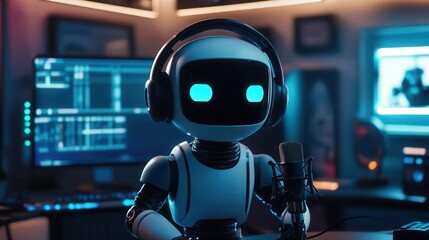 A futuristic robot with headphones sits at a desk, engaged in digital work, surrounded by glowing screens in a modern workspace.