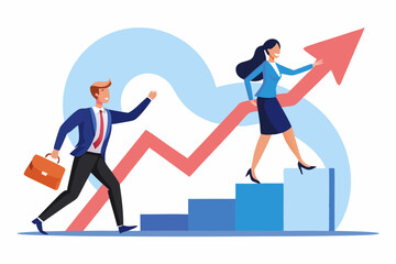 Leadership development, team success or motivation to lead team to reach goal, improvement or progress, growing together concept, businessman and woman team holding hand walk up rising growth arrow
