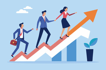 Leadership development, team success or motivation to lead team to reach goal, improvement or progress, growing together concept, businessman and woman team holding hand walk up rising growth arrow
