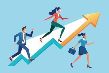 Leadership development, team success or motivation to lead team to reach goal, improvement or progress, growing together concept, businessman and woman team holding hand walk up rising growth arrow
