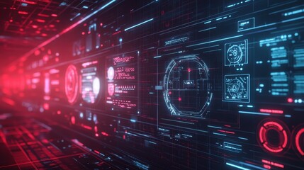 Futuristic Technology Interface with Red and Blue Neon Lights, HUD Display, Cyberpunk Design.