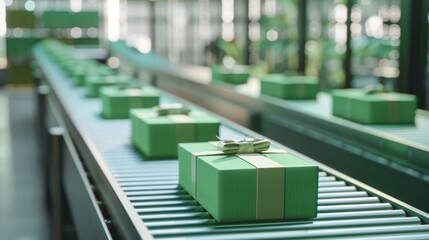 Elegant green gift boxes with neatly tied ribbons move along a conveyor belt, showcasing a streamlined packaging process in a modern, well-lit factory.