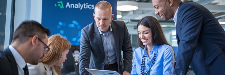 Analytics Team Collaboration: A diverse group of business professionals collaborates in a modern office setting,  focused on data analysis and strategy, showcasing teamwork, innovation, and profession