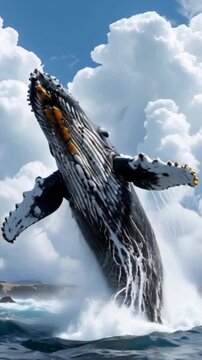 the humpback whale above the water curls up