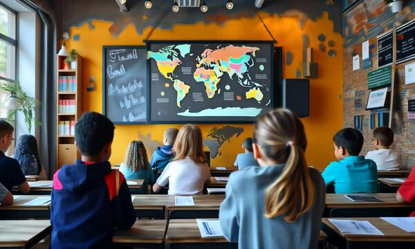 A group of enthusiastic students attentively analyzes a world map during an engaging geography lesson, surrounded by a lively classroom atmosphere filled with creativity
