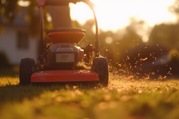 A close-up of a red lawnmower being pushed by a person across a residential lawn at sunset