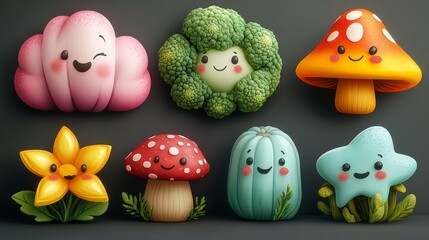 3d mushroom, star and other cartoon elements on white background