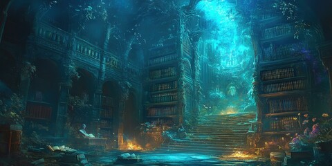 Ancient library with glowing stairs and books.