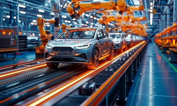 Explore an advanced automotive manufacturing facility where sleek vehicles glide along a vibrant assembly line, showcasing cutting-edge robotics at work