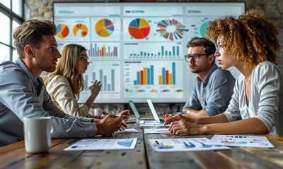 A diverse group of professionals engages in a dynamic brainstorming session, reviewing charts and graphs, fostering collaboration and insightful discussion