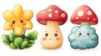 3d mushroom, star and other cartoon elements on white background