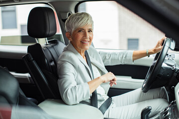 Portrait of a smiling confident senior businessman in car