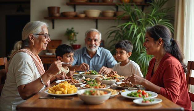 Portrait of Indian family of three generations eating meals together at home looking at camera