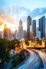 Urban skyline at sunset with dynamic light trails and skyscrapers reflecting modern city life and technology.