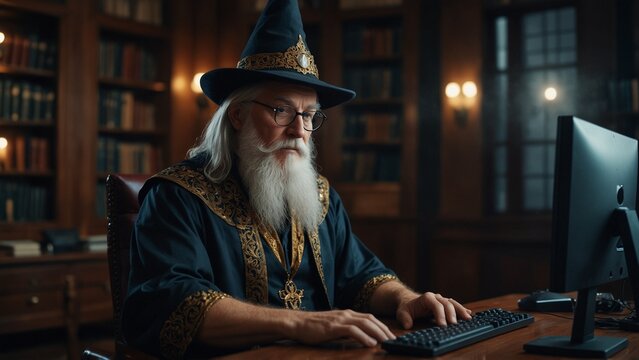 A wizard in modern clothing using magic to operate a computer in a luxurious office.