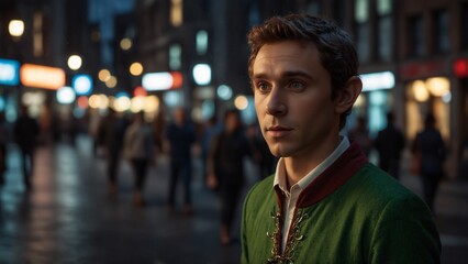 Fototapeta premium An elf in modern clothing glowing with mysterious light on a busy city street.