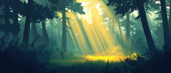 Sunbeams Through Forest Trees, Digital Art, Nature, Sunlight, Green, Lush, Morning, Tranquil, Peaceful, Mystical