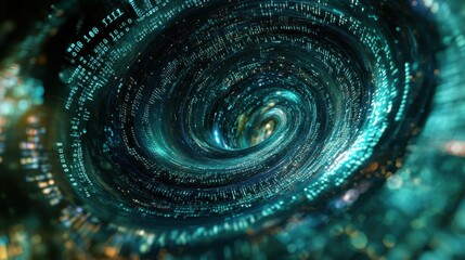 Abstract Digital Vortex with Binary Code and Blue Green Light Effects.