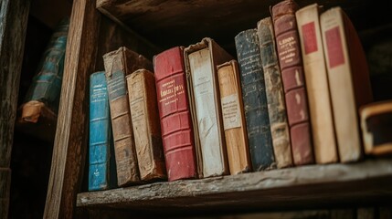 Naklejka premium A bookshelf filled with antique books, aged and weathered, -