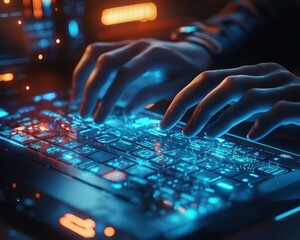 Office worker typing, on a holographic keyboard, minimalist workspace, cool tones, digital art