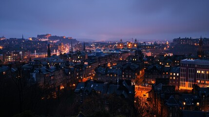 Fototapeta premium A panoramic view of Edinburgh's cityscape at twilight, with the city's iconic landmarks illuminated against a vibrant, twilight sky. The photograph captures a sense of tranquility, history, and urban 