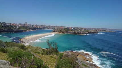 Fototapeta premium A panoramic view of Tamarama Beach from the Bondi to Coogee coastal walk, showcasing the pristine turquoise waters, white sand, and the iconic Sydney skyline in the distance. This image captures the b