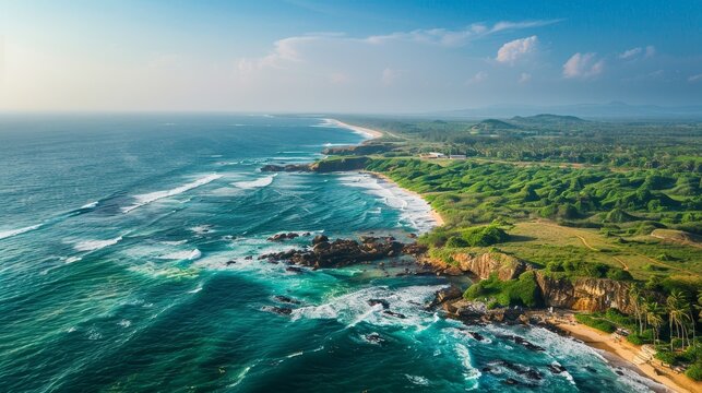 A panoramic aerial shot captures the stunning beauty of Cape Dondra, Sri Lanka. The azure ocean stretches out to the horizon, while foamy waves crash against the rugged coastline. Lush green vegetatio