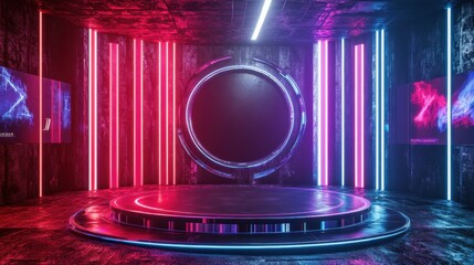 Futuristic Neon Glow Stage with Circular Platform and Abstract Screens.