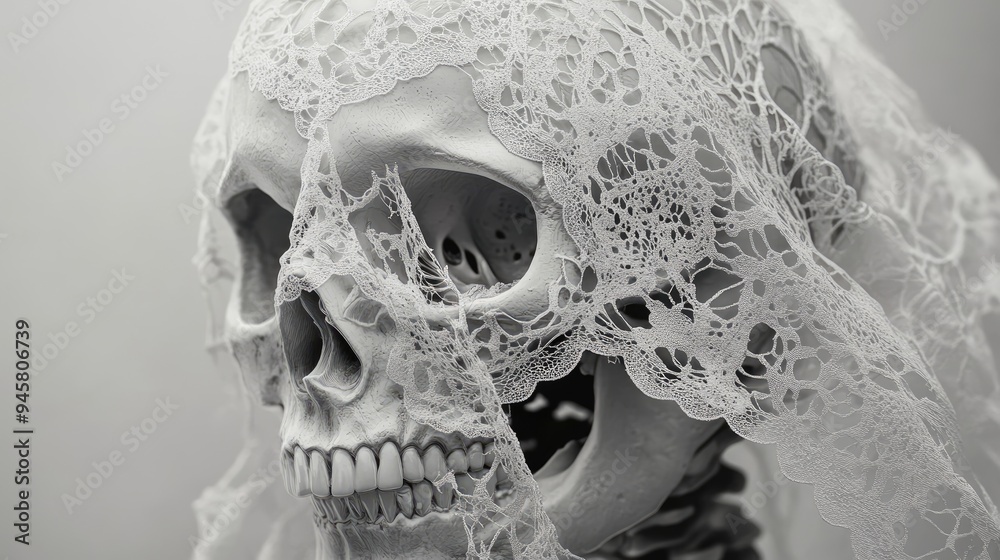 Wall mural human skull covered in delicate lace veil