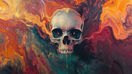 Human Skull Emerging from Abstract Swirling Paint