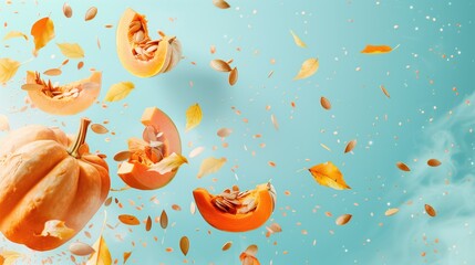 Whole and sliced pumpkins with seeds and autumn leaves floating mid-air against a pastel blue background.