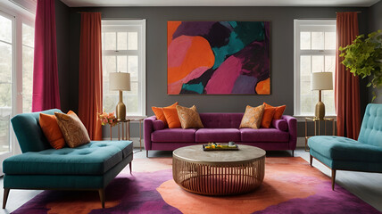 This living room bursts with vibrant energy and a rich mix of colors. The walls are painted a deep charcoal This room is a masterful blend of bold colors and modern design. 