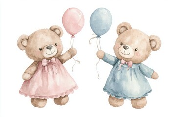 Blue and pink boy and girl bear teddy holding balloons on white background with watercolor technique