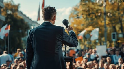 A politician gives a speech outdoors in front of a large crowd. He stands on a podium, speaking into a microphone. The audience is attentive and engaged. The image symbolizes public speaking, politica