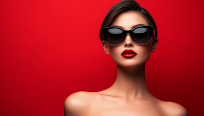 Woman Posing with Stylish Sunglasses Red Background in Fashionable Portrait