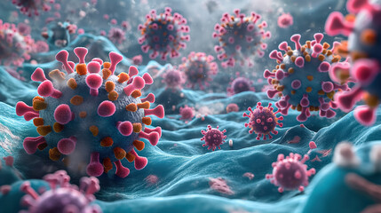 Microscopic view of virus particles floating in a fluid environment, showing detailed spikes and a colorful representation of the biological structure.