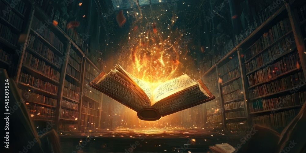 Wall mural A flaming book levitates in a library.