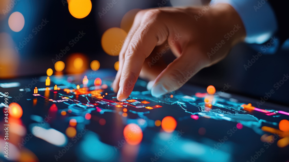 Poster close-up of a business professional's hand interacting with a digital touchscreen displaying colorfu
