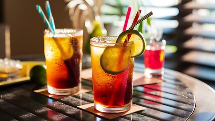 Glasses of cold Long Island iced tea on table