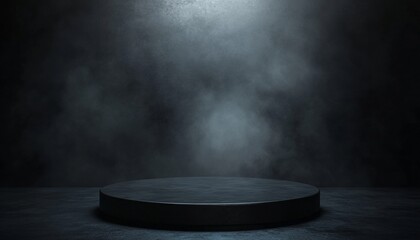 Black Podium with Dark Smoke Mysterious Background