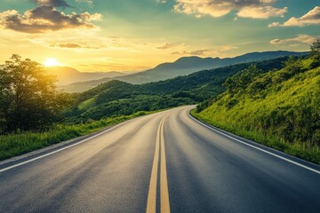 Asphalt highway road and green mountain with sky clouds at sunset , ai