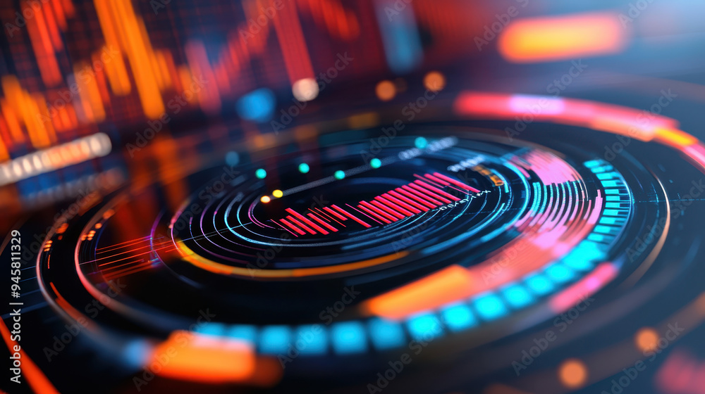 Poster abstract representation of digital data visualization with colorful graphs and charts on a futuristi