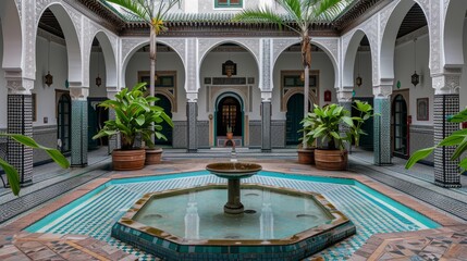 Obraz premium A serene Moroccan riad courtyard featuring a central fountain surrounded by intricately tiled floors, lush greenery, and traditional arched doorways, showcasing the architectural beauty of this iconic