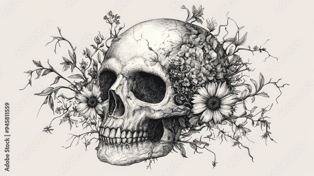 Poster human skull with floral detail